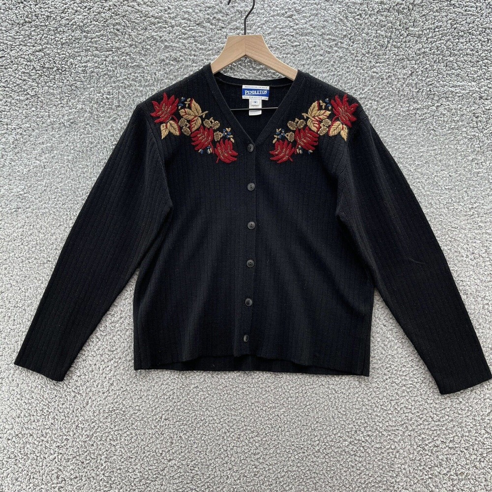 Vintage Pendleton Sweater Black Knit‎ Embroidered Floral Cardigan